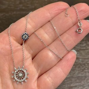 Stunning 925 sterling silver sapphire and cz crystal nautical pendant necklace!